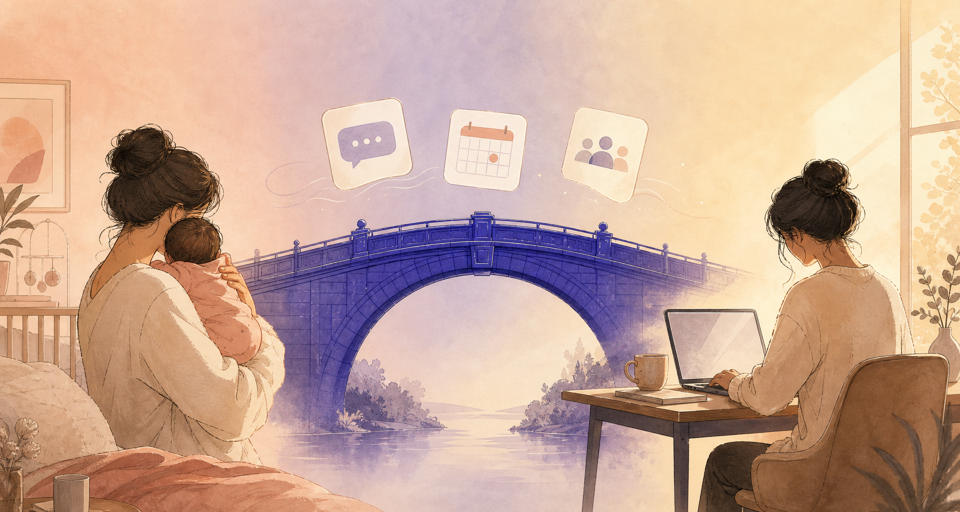 A bridge built from the Glideback arch connecting a parent and baby on one side to a calm, confident workspace on the other, with chat, calendar, and team updates drifting across.